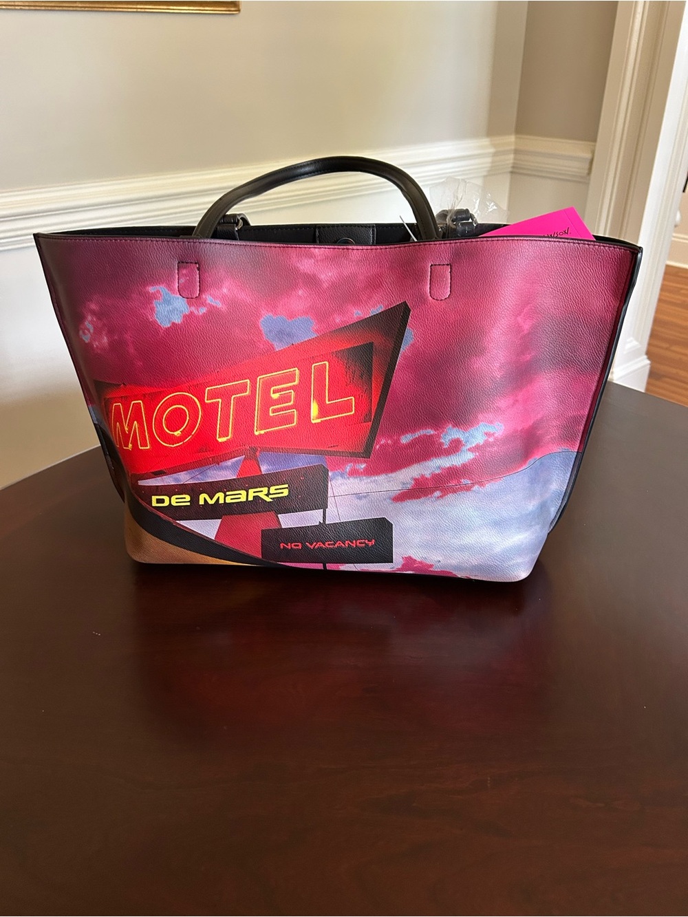 Betsy Johnson Motel Graphic Large Tote Bag in Pink and Black